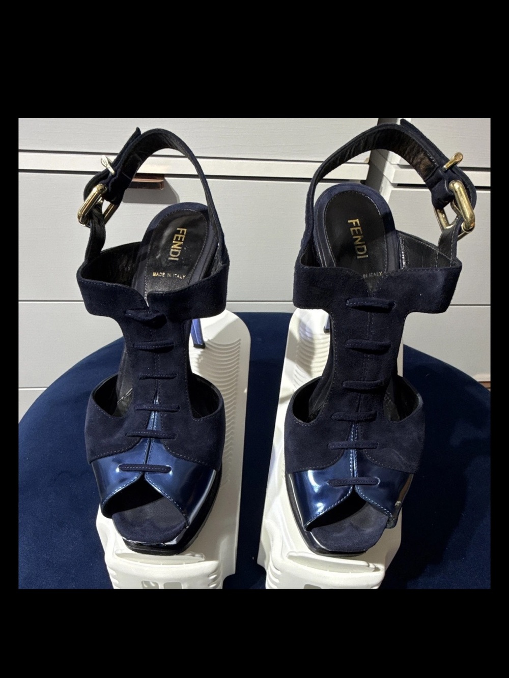 Fendi Navy Suede & Patent Dark Blue Platform Sandals with Gold Hardware